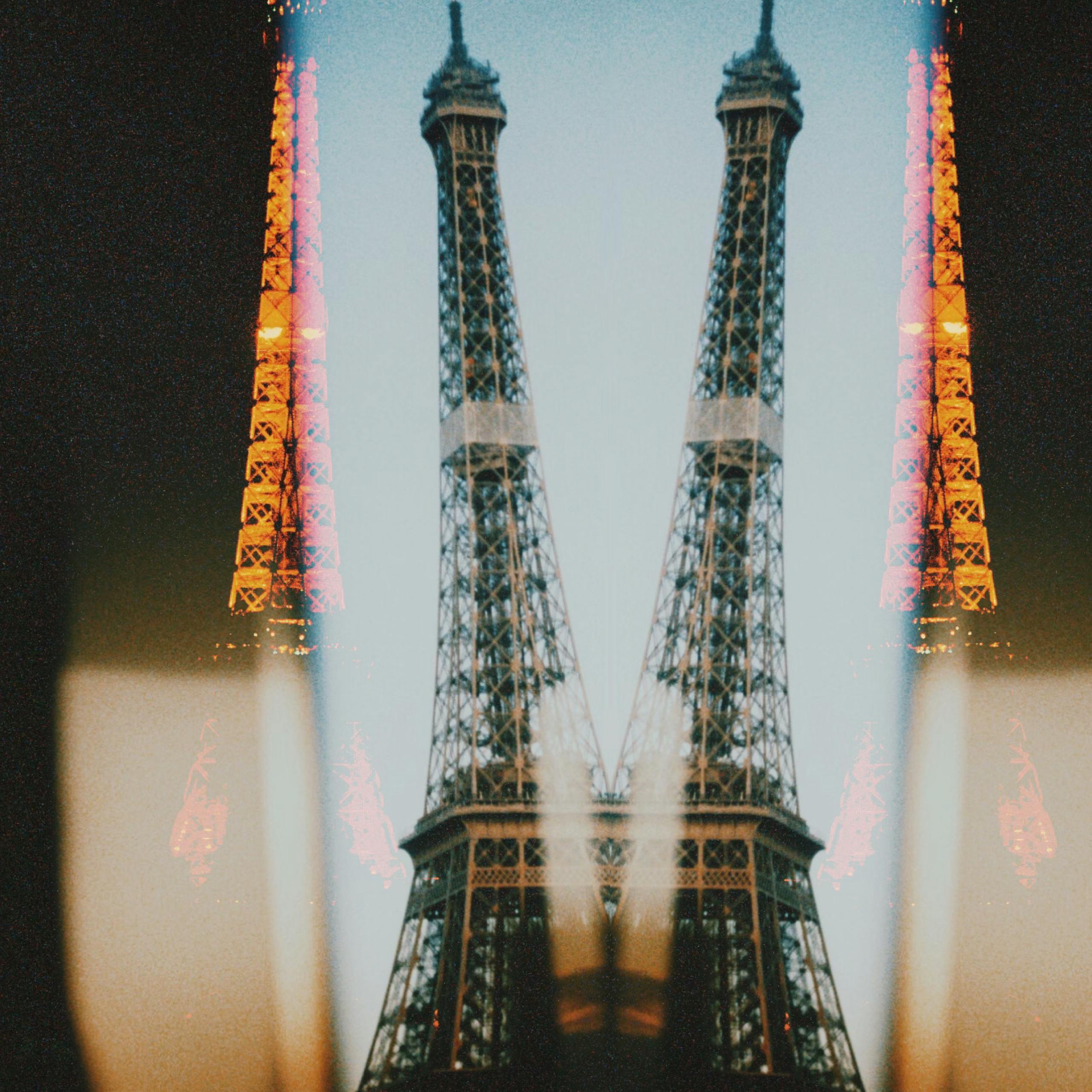 Double exposure of Eiffel Tower recognizable architectural landmark located in Paris and attracting tourist